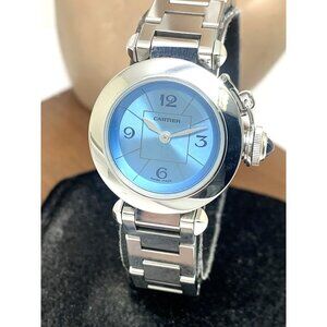 Cartier Pasha Women's Watch 2973 Swiss Quartz Blue Dial Stainless Steel 27mm